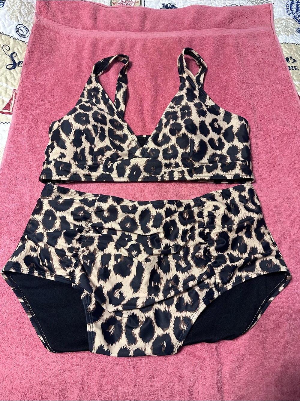 Leopard Print Two-Piece Swim Set - Black & Cream